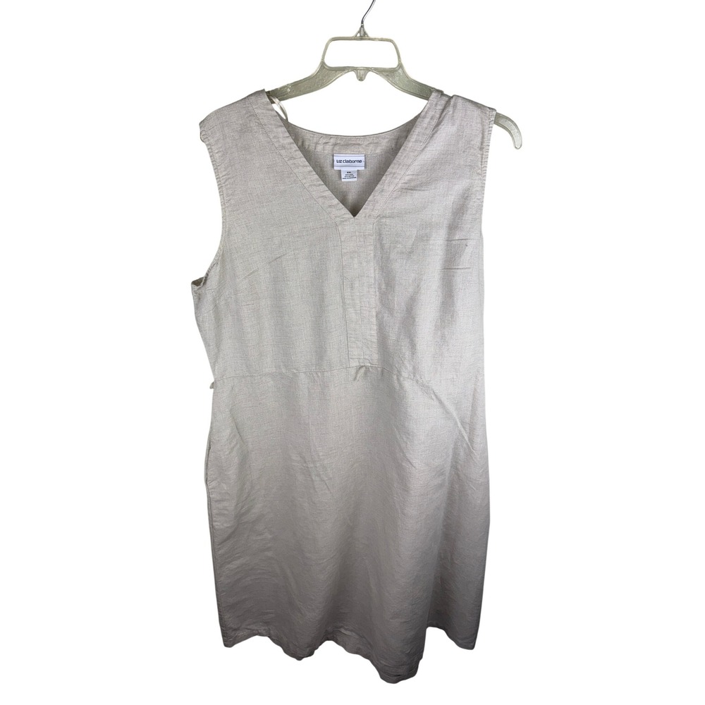 Liz Claiborne Womens XXL Linen Cotton Blend V-Neck Sleeveless Shift Dress Beige